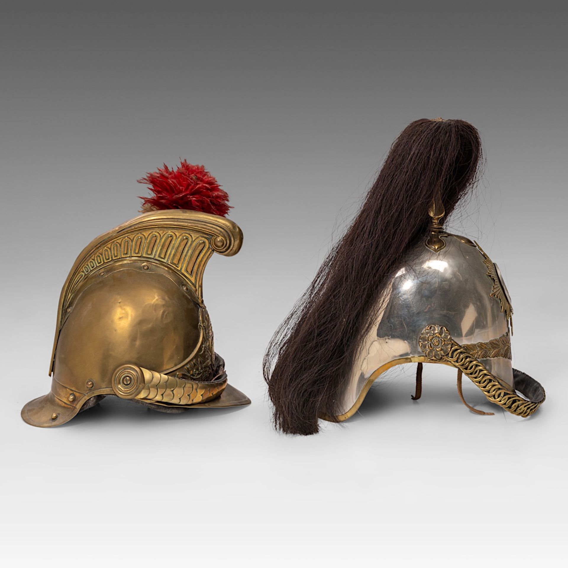 A cuirassier helmet, with black hair tail (French 1854) and another helmet, 19thC, copper and brass - Image 5 of 5