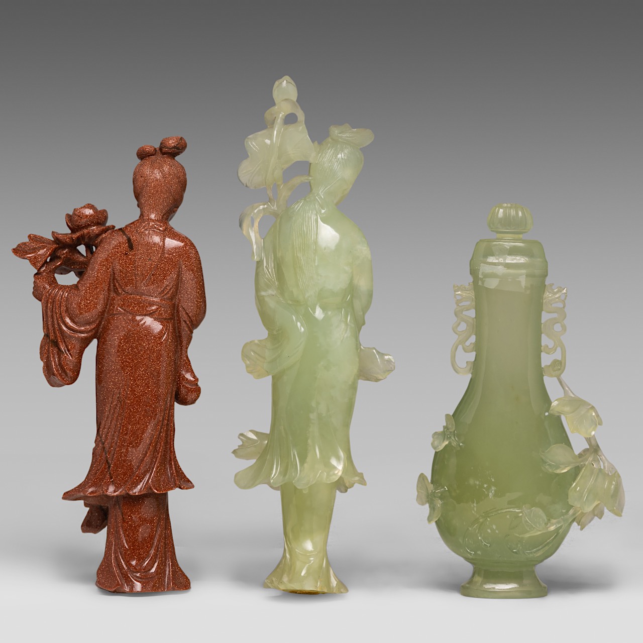 A collection of six Chinese mineral carvings and three porcelain footed bowls, Tongzhi mark and of t - Image 15 of 32