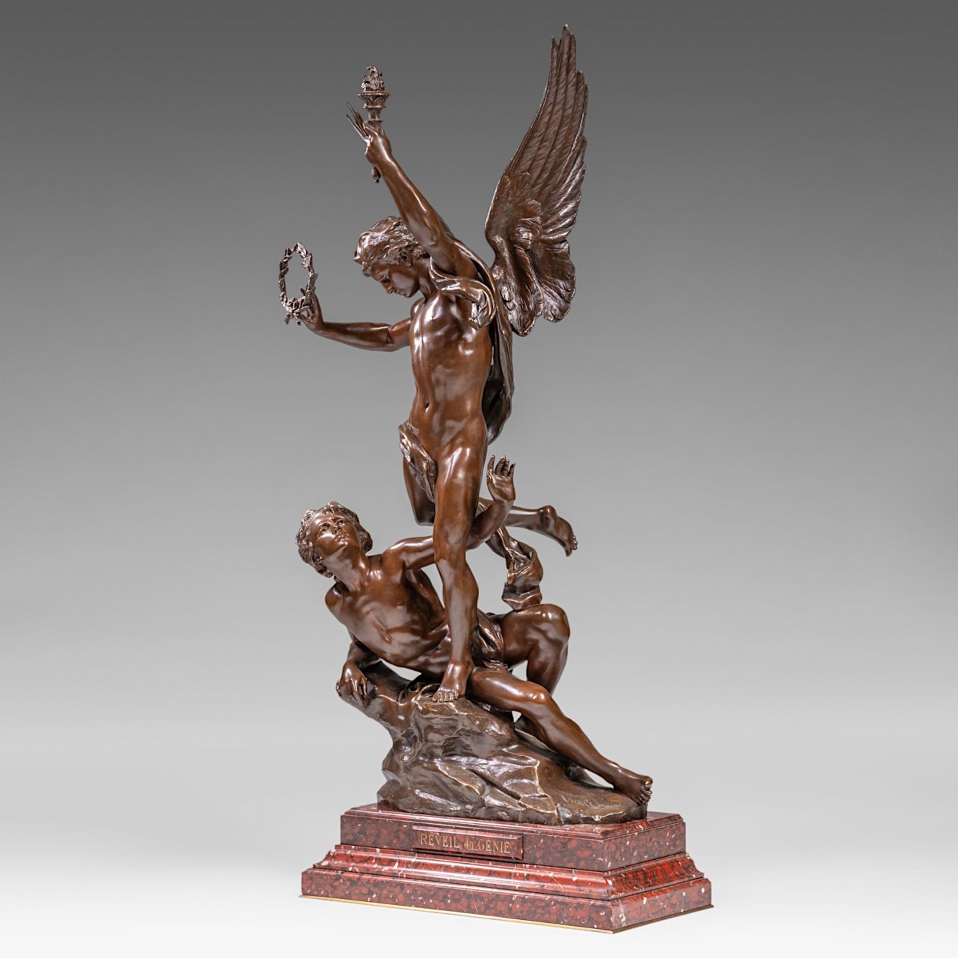 Charles Vital-Cornu (1851/53-1927), 'Le Reveil du Genie', patinated bronze on a Griotte marble base, - Bild 2 aus 11