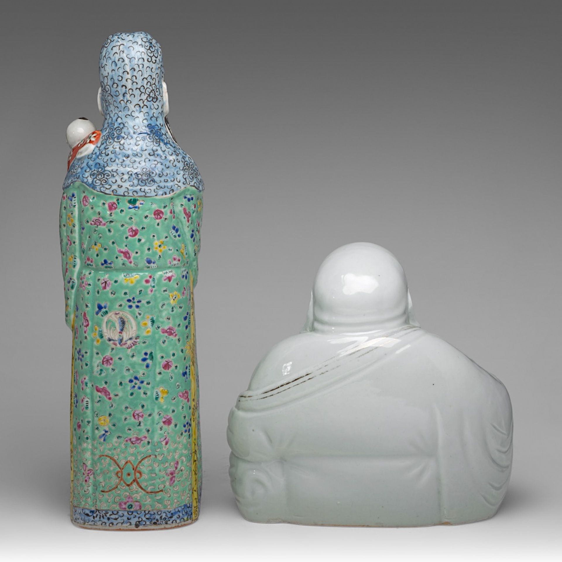 A Chinese famille rose enamelled biscuit figure of a smiling Budai and Fu Xing, one with an impresse - Image 11 of 14