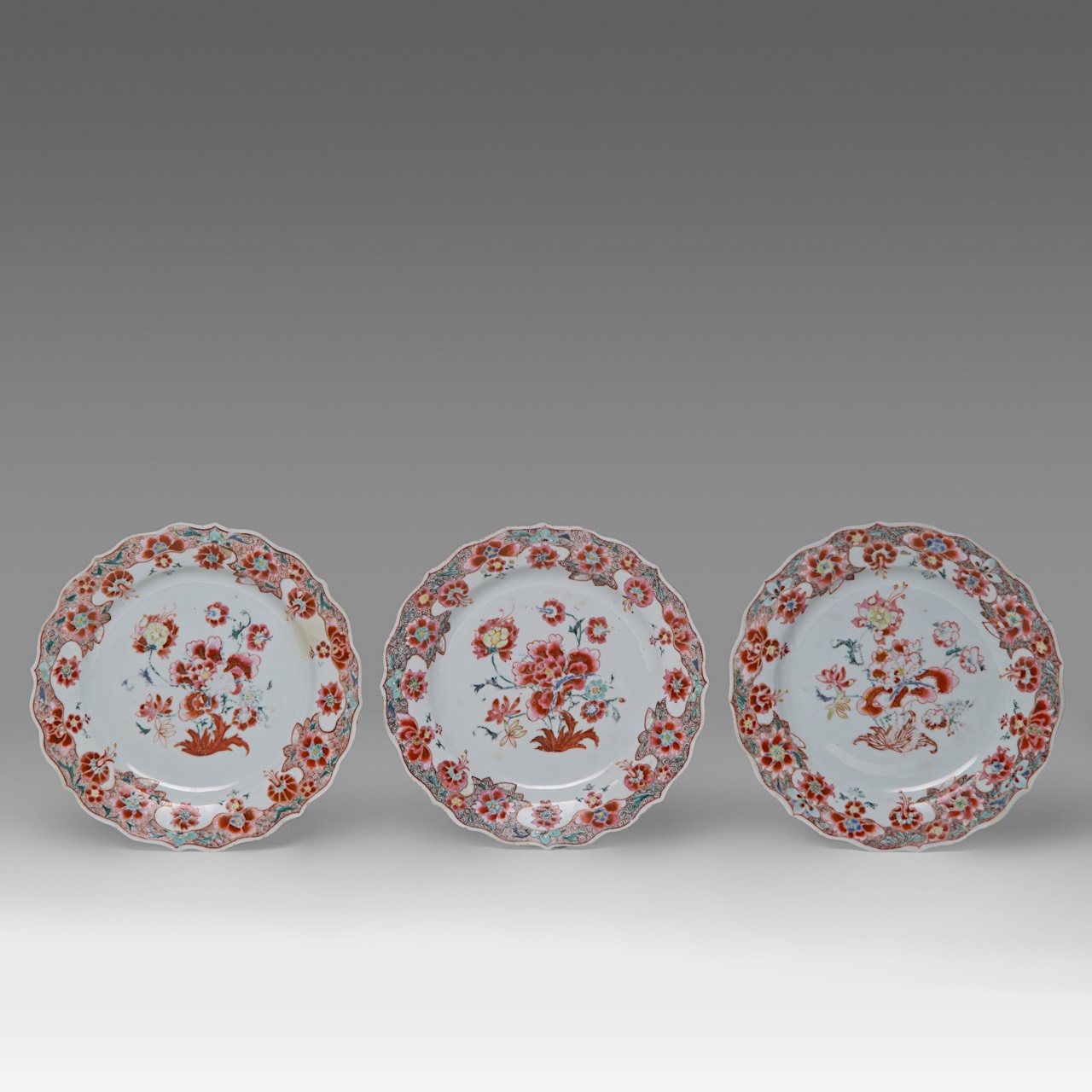 A pair of Chinese famille rose 'Cherry Pickers' plates, 18thC, dia 23,5 - added a series of five fam - Image 4 of 7