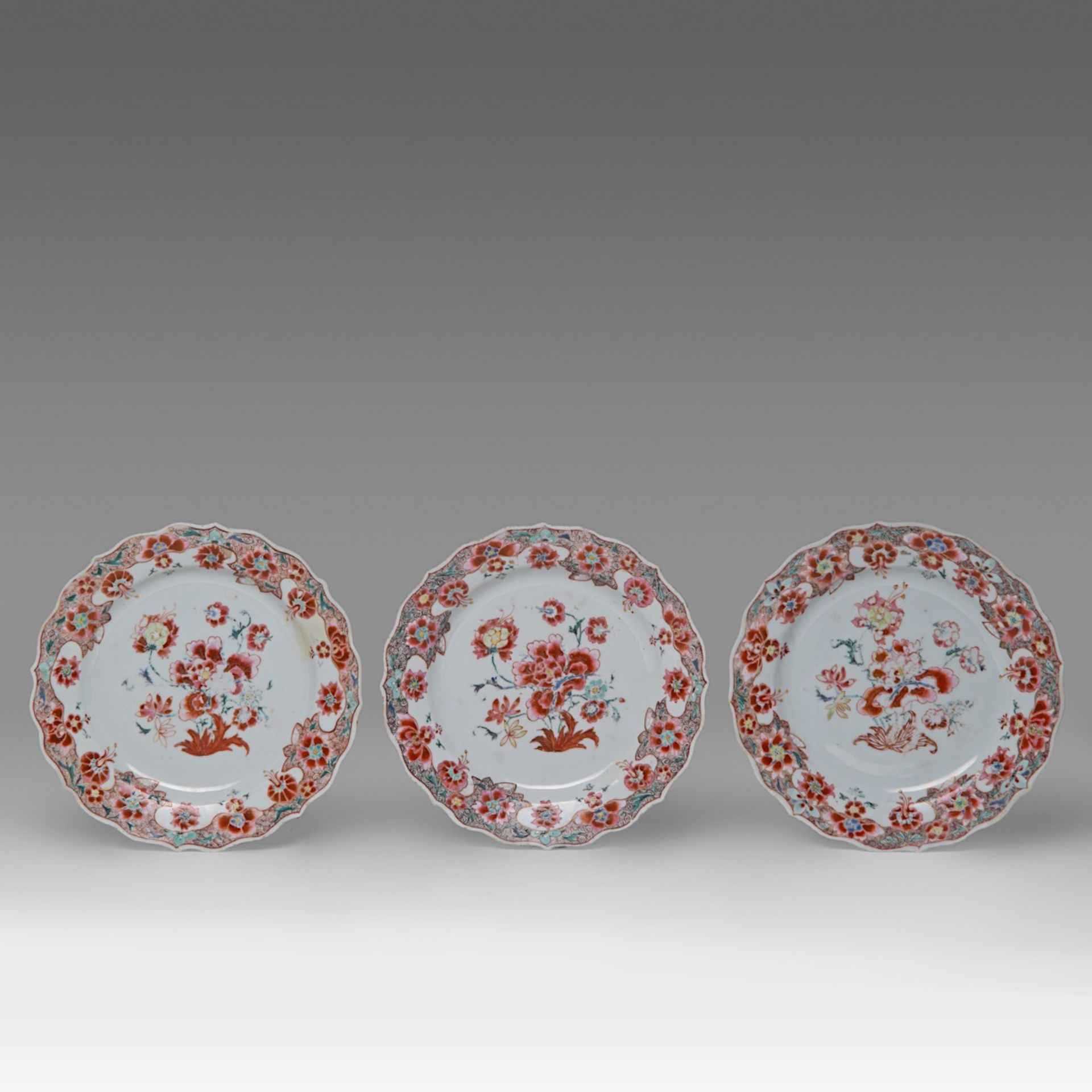 A pair of Chinese famille rose 'Cherry Pickers' plates, 18thC, dia 23,5 - added a series of five fam - Image 4 of 7