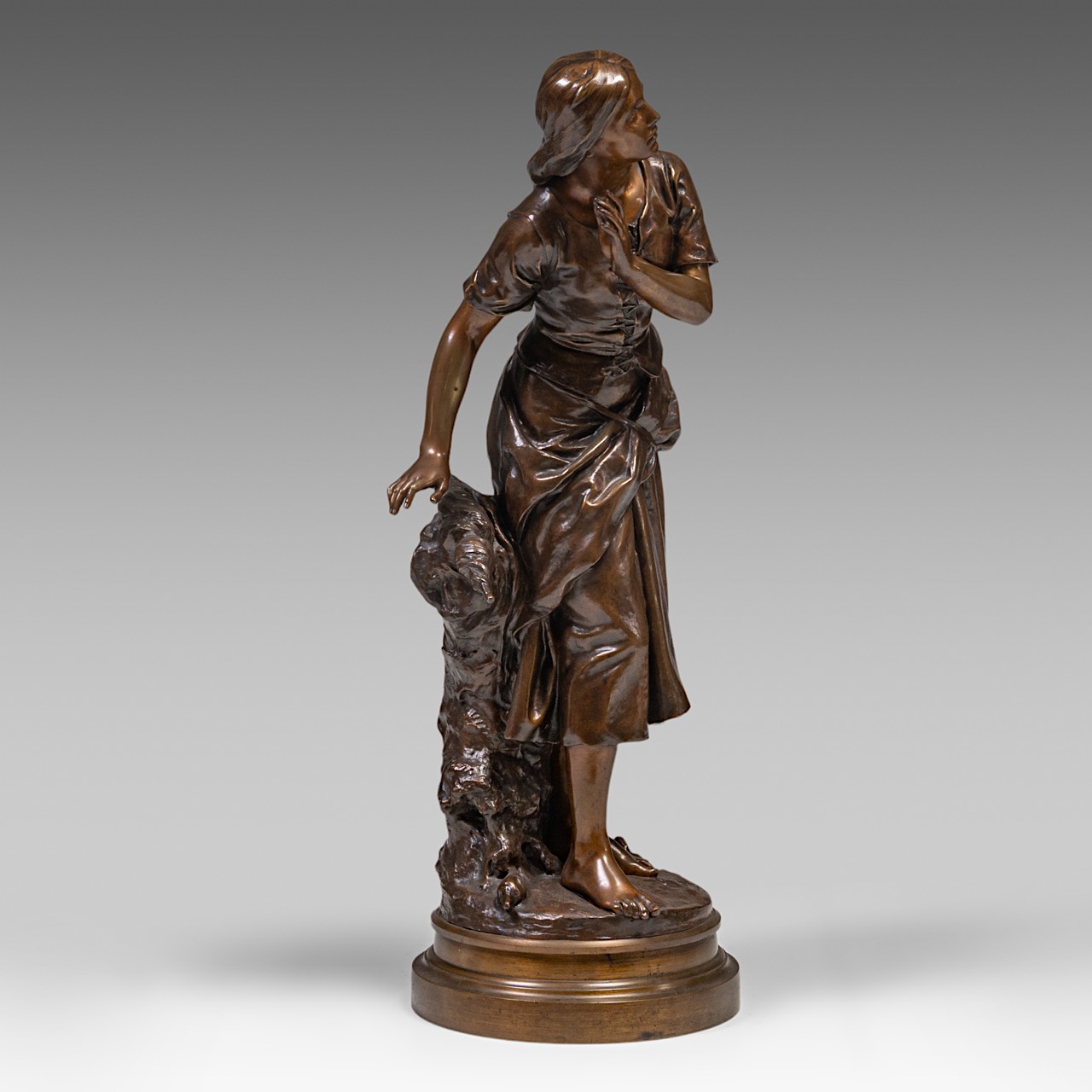 Mathurin Moreau (1822-1912), the spinner, patinated bronze, Hors Concours, H 89 cm - Image 2 of 8