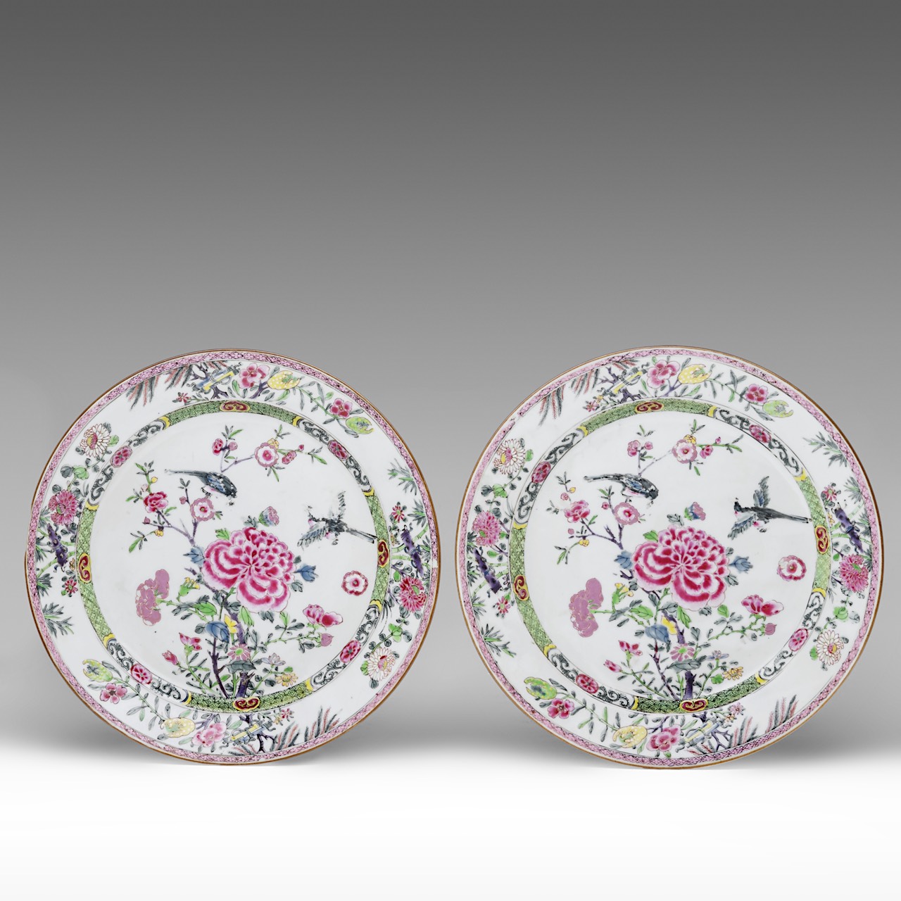 A series of two Chinese famille rose 'Magpies and Peonies' large plates and five famille rose 'Blume - Image 2 of 9