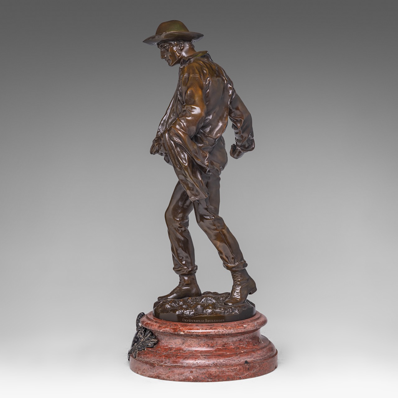 Emile Louis Truffot (1843-1896), the sower, patinated bronze on a marble base, H 64 cm (total) - Image 3 of 7