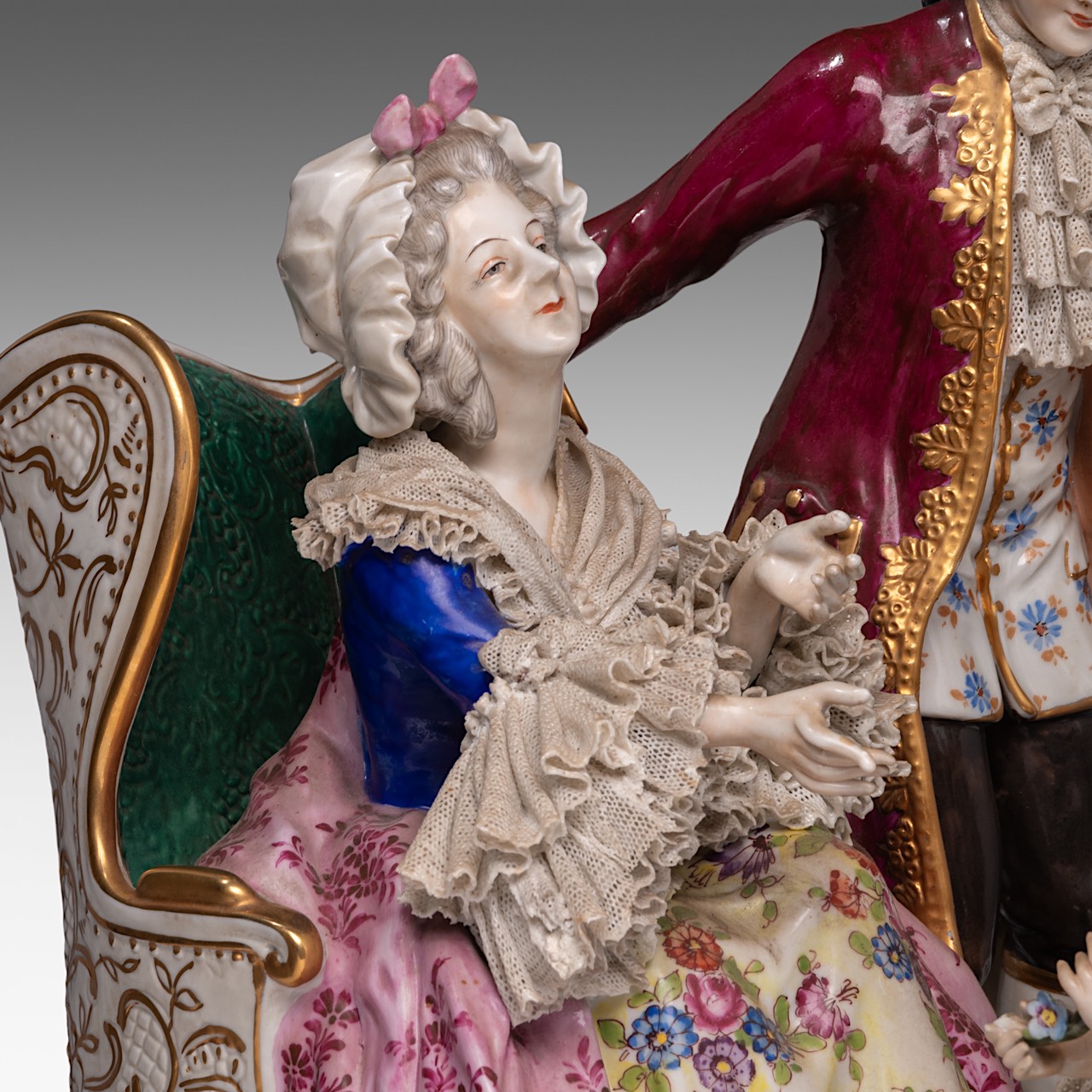 A large Saxony polychrome porcelain group depicting a gallant scene in a Rococo setting, H 40 - W 55 - Image 8 of 15