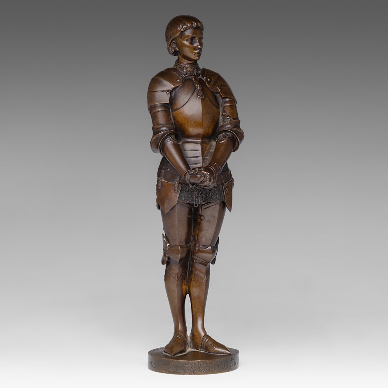 Louis Ernest Barrias (1841-1905), Jeanne d'Arc, patinated bronze, Susse Freres edition, H 31 cm - Image 7 of 11