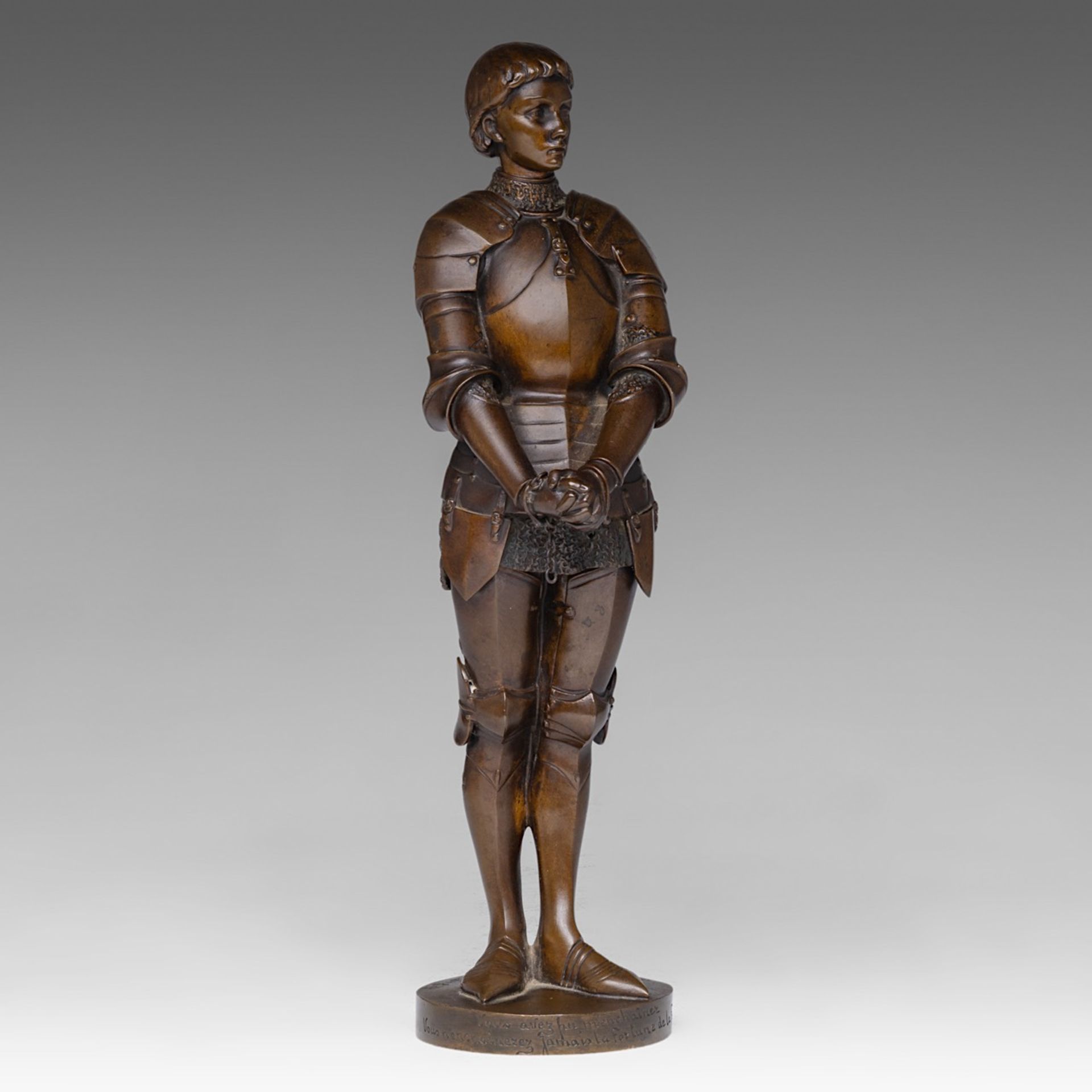 Louis Ernest Barrias (1841-1905), Jeanne d'Arc, patinated bronze, Susse Freres edition, H 31 cm - Bild 7 aus 11