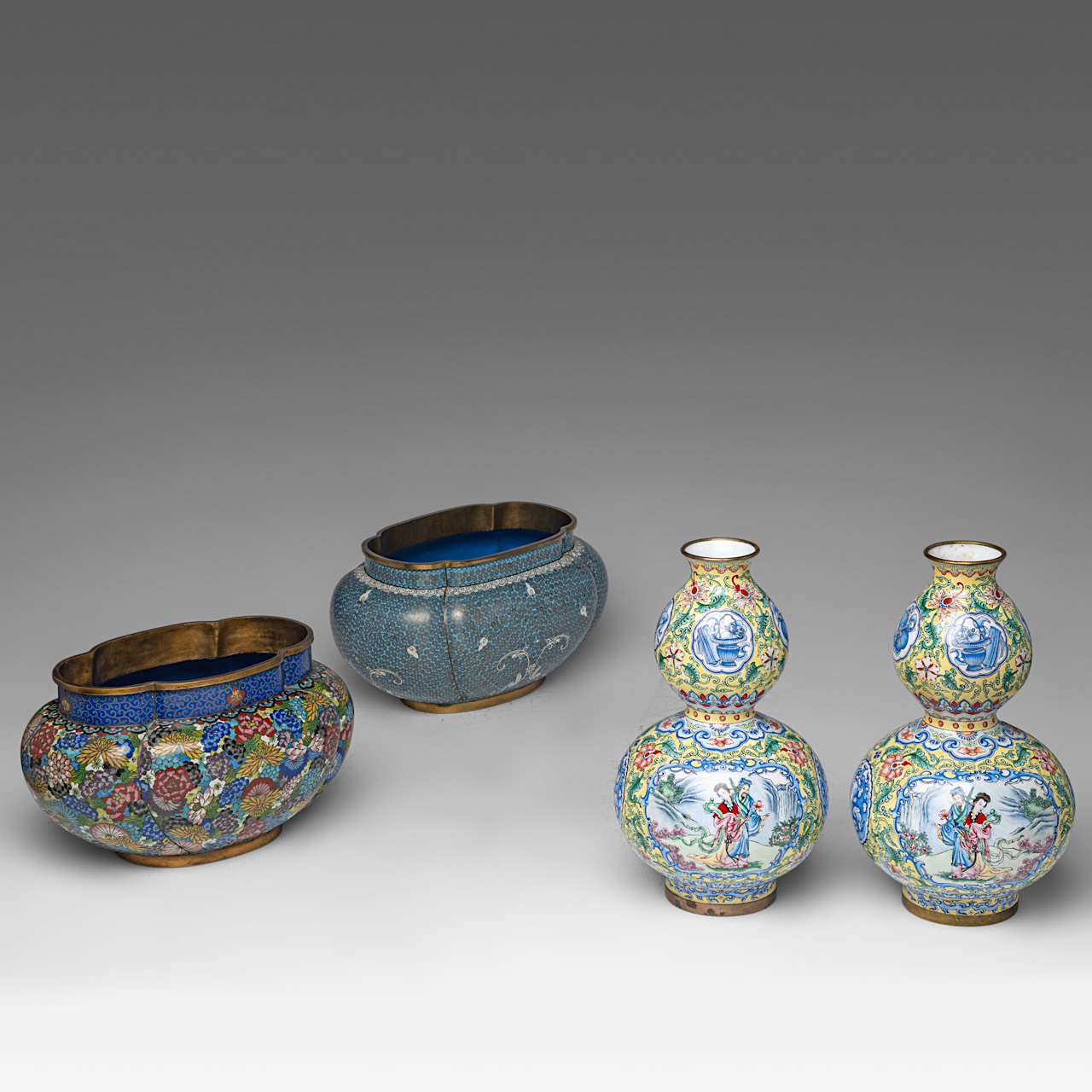 A small collection of two Chinese cloisonne narcissus planters and a pair of Canton enamelled double