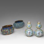 A small collection of two Chinese cloisonne narcissus planters and a pair of Canton enamelled double