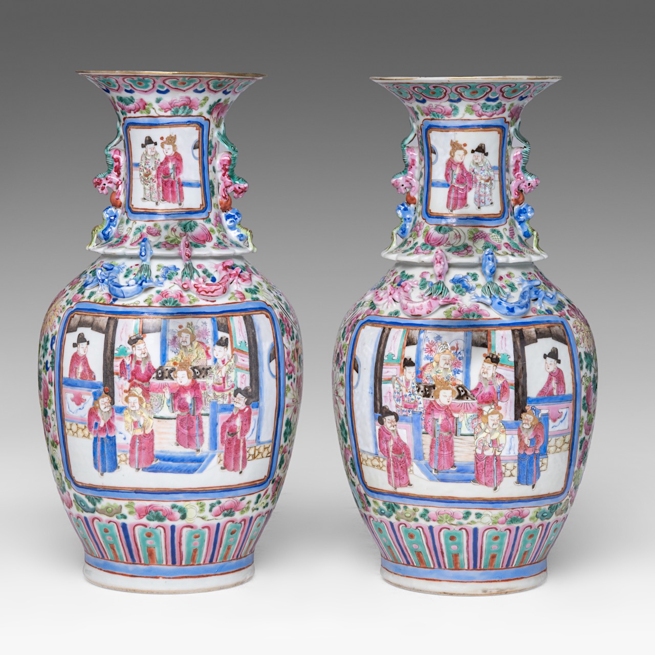 A pair of Chinese famille rose 'Romance of the Three Kingdoms' vases, late 19thC, H 43 cm - added a - Image 4 of 13