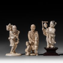 Two Japanese Meiji period ivory okimono; added a ditto Republic period Chinese figure; one okimono r