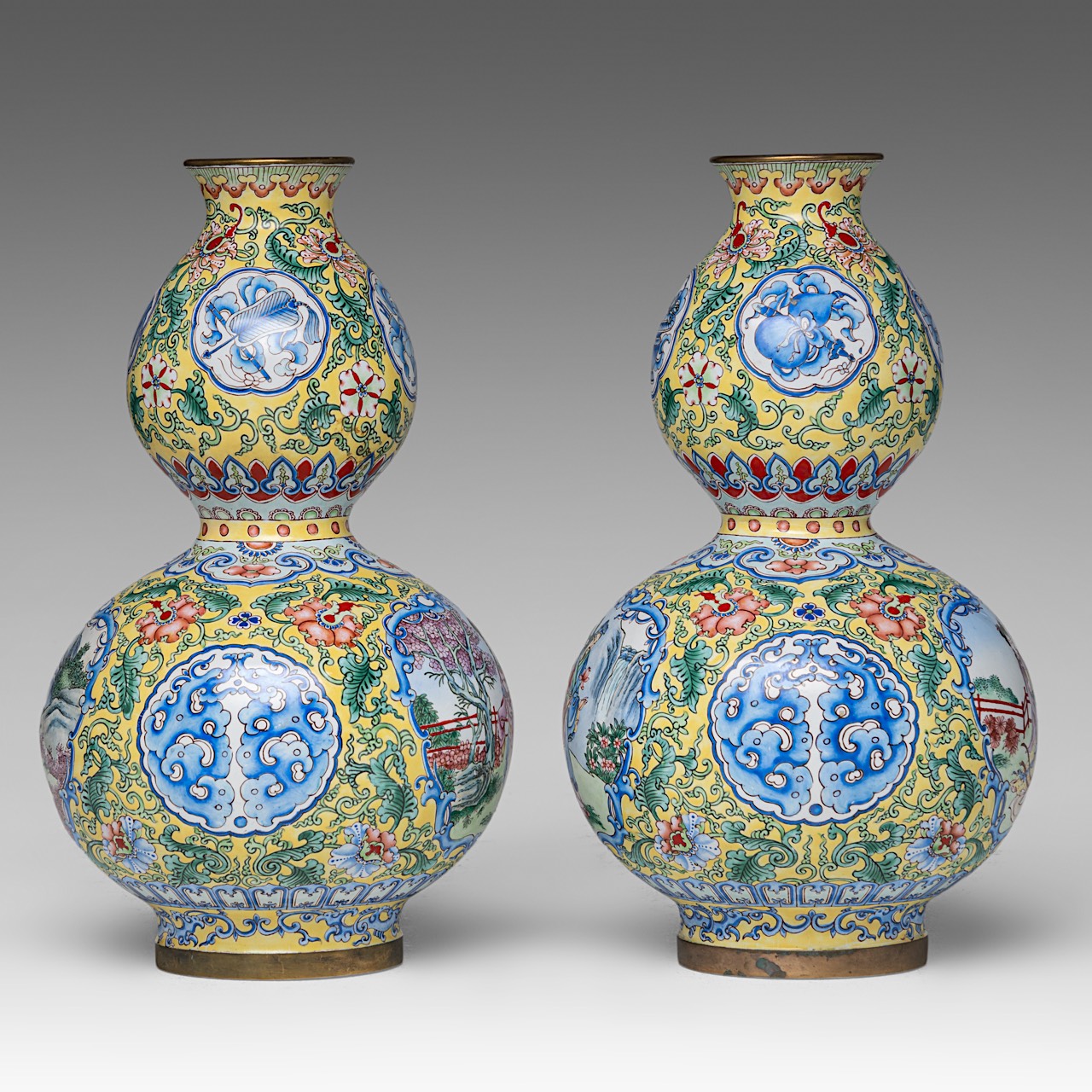 A small collection of two Chinese cloisonne narcissus planters and a pair of Canton enamelled double - Image 3 of 10