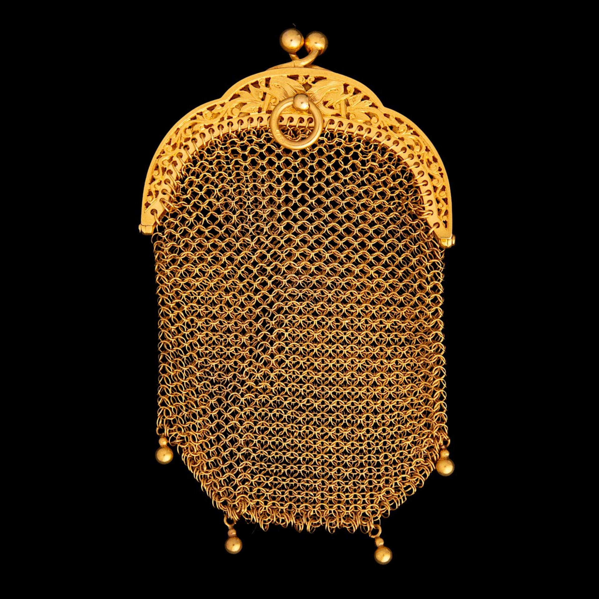 A 14 Ct gold mesh flapper purse, the closure set with gemstones, and a ditto smaller purse, H 8,7 - - Image 2 of 3