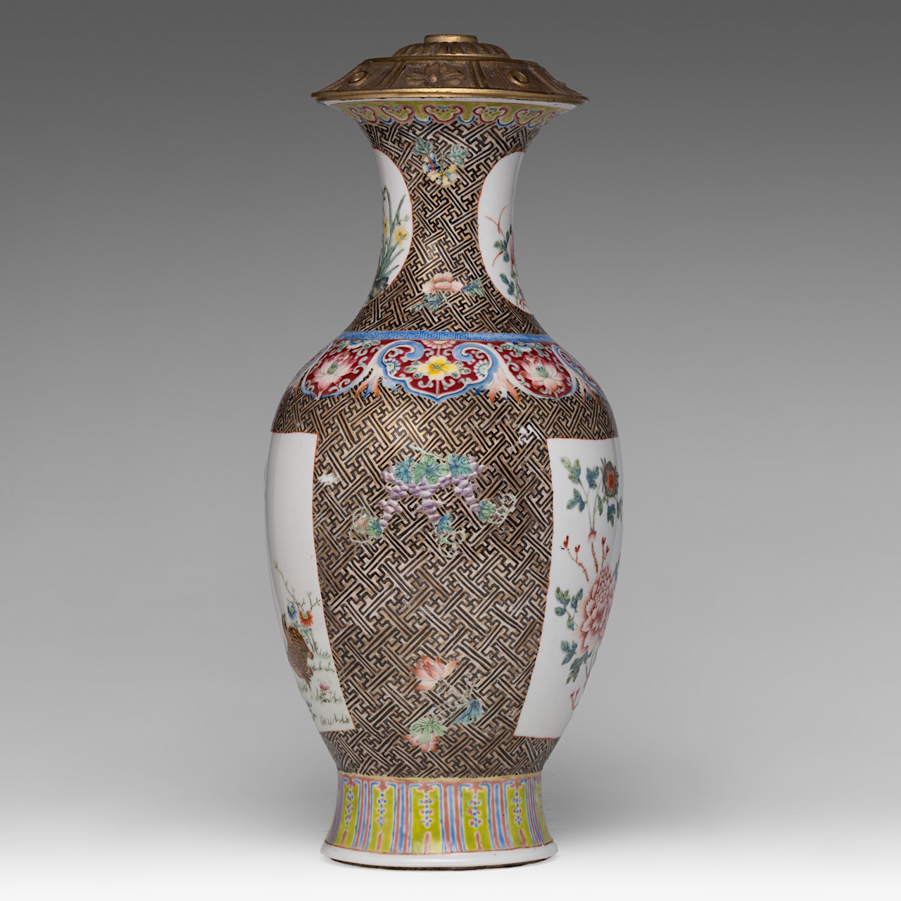A fine Chinese famille rose 'Pheasants and Quails' baluster vase, with a Qianlong mark, late 19thC, - Image 4 of 6