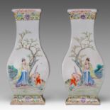 A pair of Chinese famille rose 'Scholar and Pupil boy' fanghu vases, with a Qianlong mark, Republic
