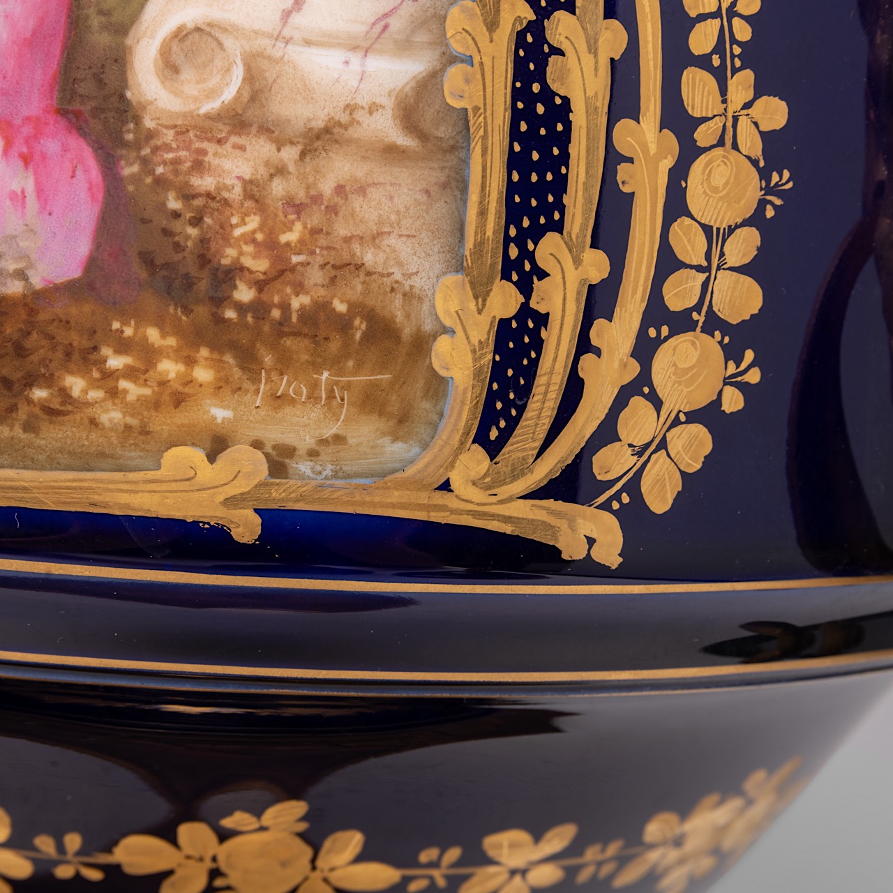 A pair of blue royale ground Sevres vases with hand-painted gallant scenes and gilt bronze mounts, H - Image 6 of 12
