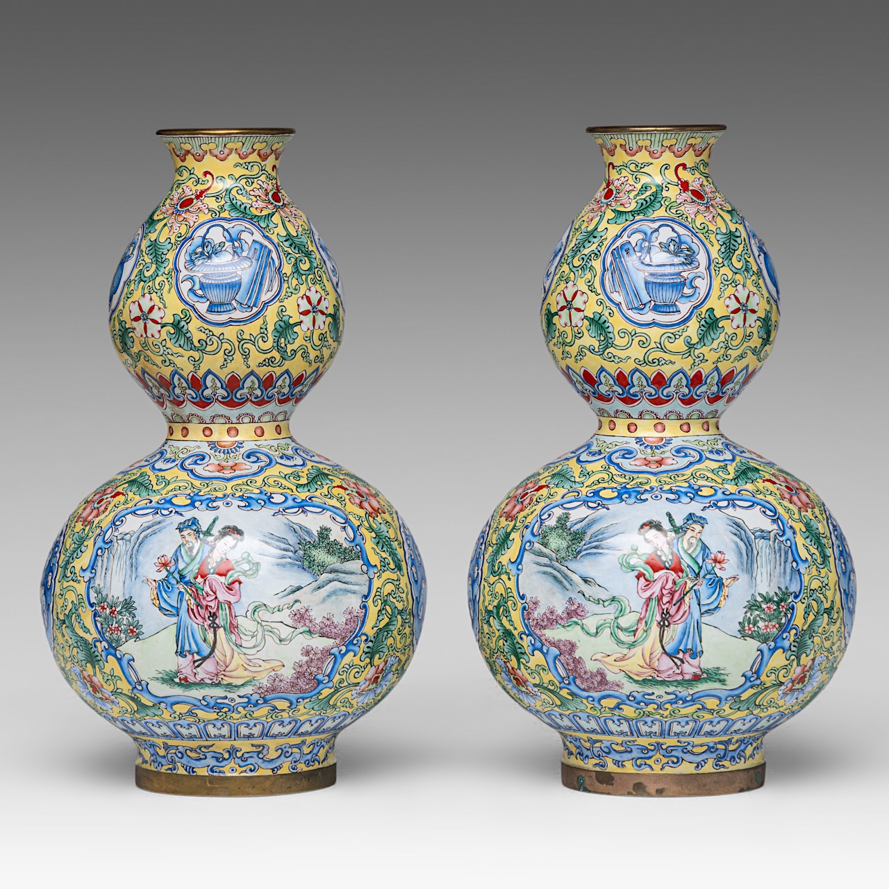 A small collection of two Chinese cloisonne narcissus planters and a pair of Canton enamelled double - Image 2 of 10