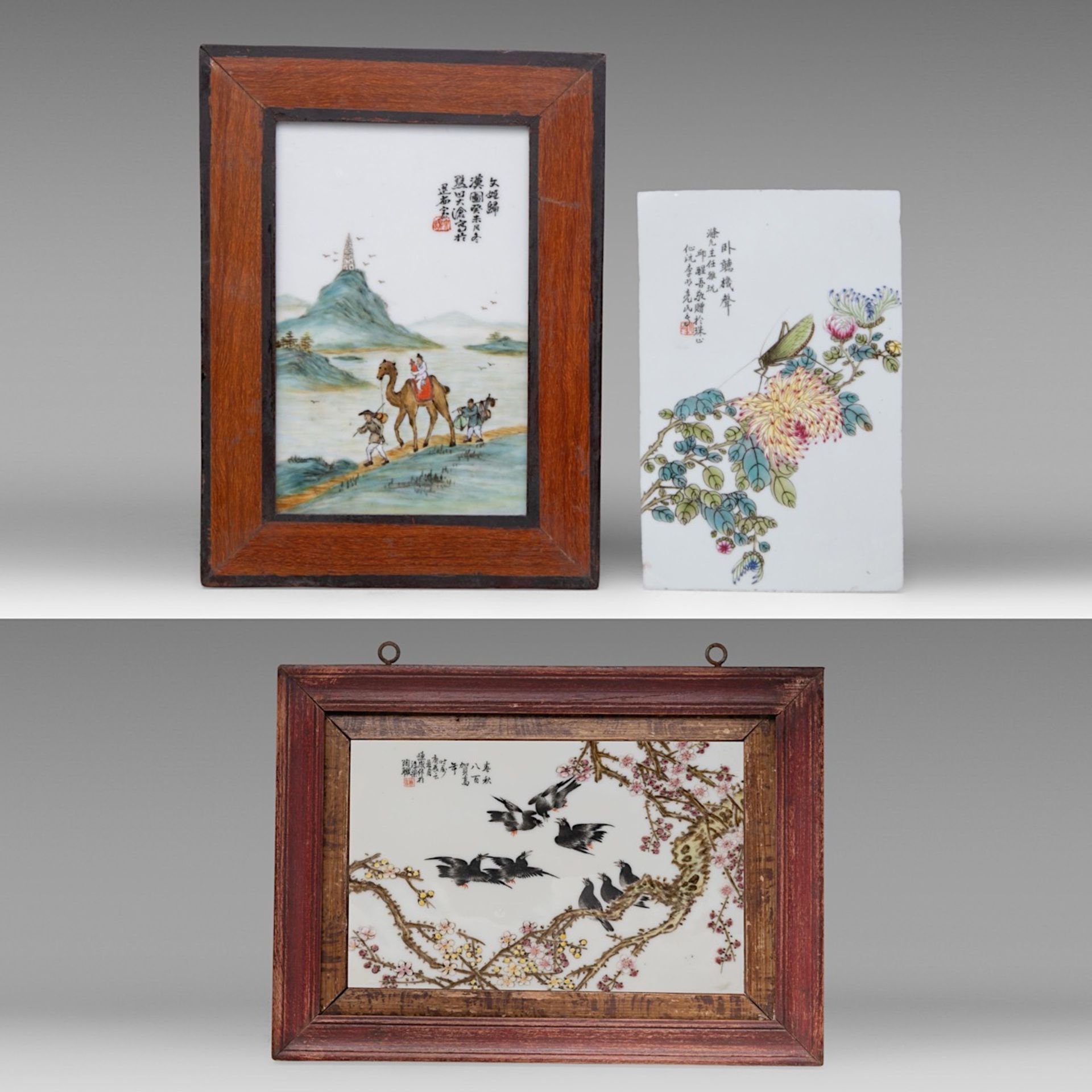 Three Chinese enamelled and signed porcelain plaques, signatures reading Wang Da Cang/ Li Ming Liang