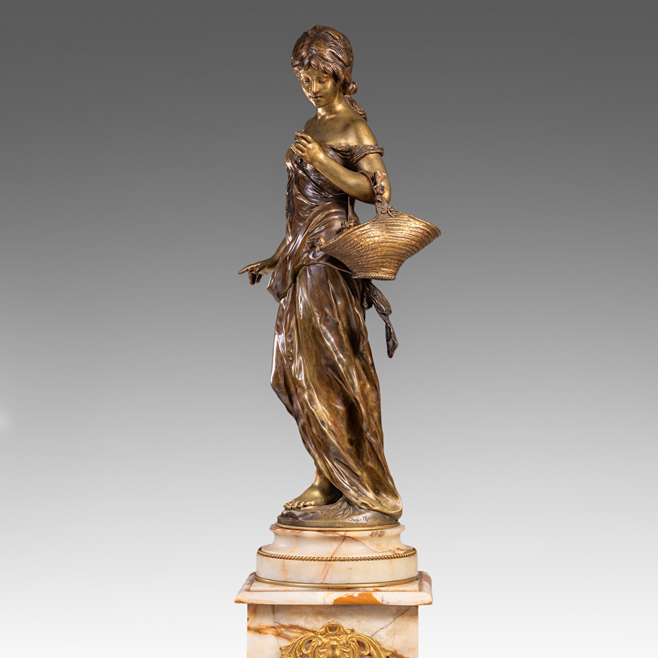 Auguste Moreau (1834-1917), lady with flower basket, patinated bronze on a Neoclassical onyx pedesta - Image 6 of 14