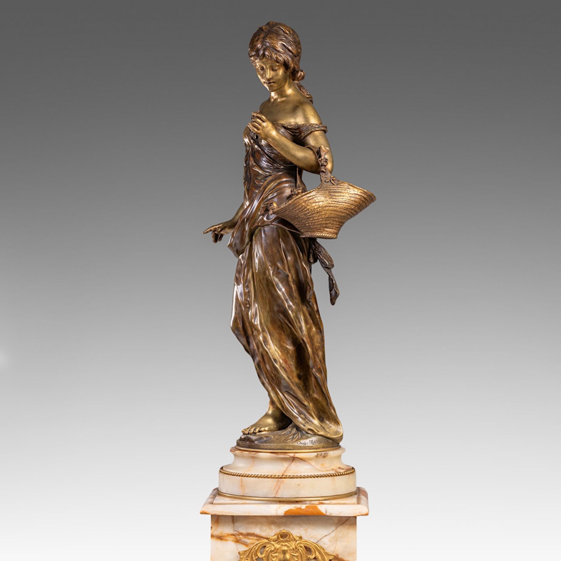 Auguste Moreau (1834-1917), lady with flower basket, patinated bronze on a Neoclassical onyx pedesta - Bild 6 aus 14