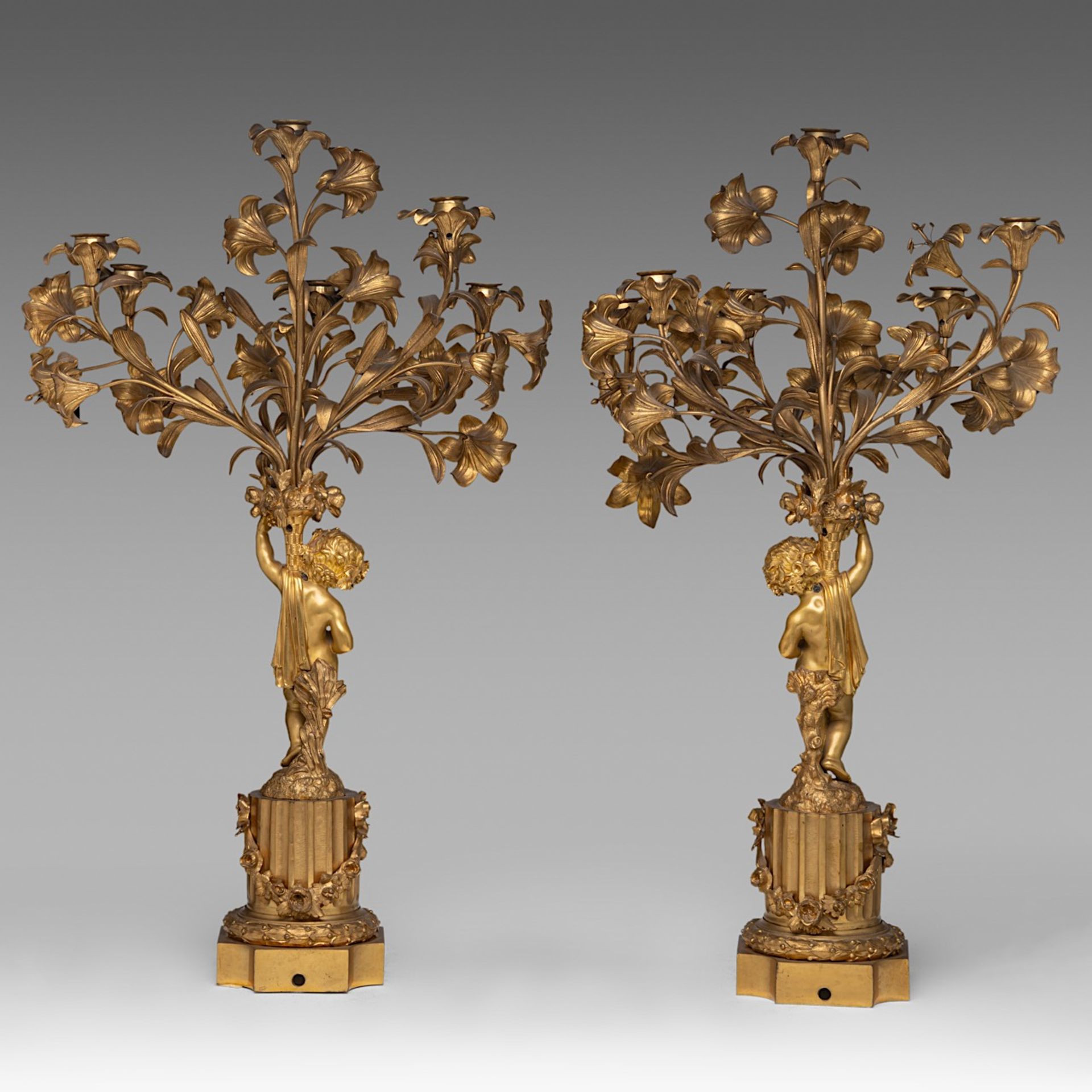 A pair of Napoleon III gilt bronze candelabras, H 70 cm - Bild 3 aus 5