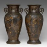A pair of Japanese bronze 'Phoenix' vases with gilt details, Meiji period (1868-1912), both H 41,5 c
