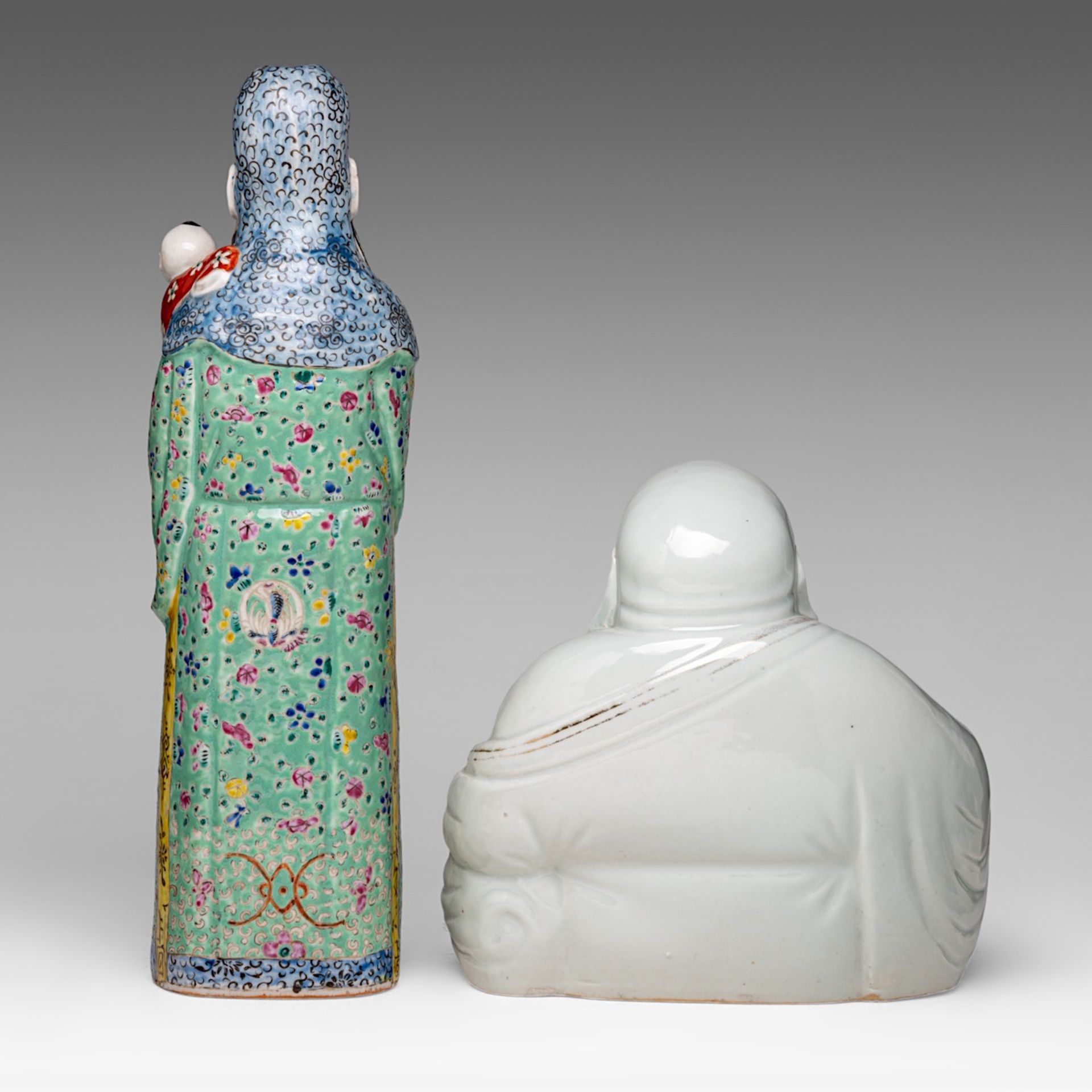A Chinese famille rose enamelled biscuit figure of a smiling Budai and Fu Xing, one with an impresse - Image 4 of 14