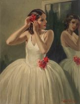 Henri Thomas (1878-1972), ballerina preparing herself for her act, oil on panel 90 x 70 cm. (35.4 x