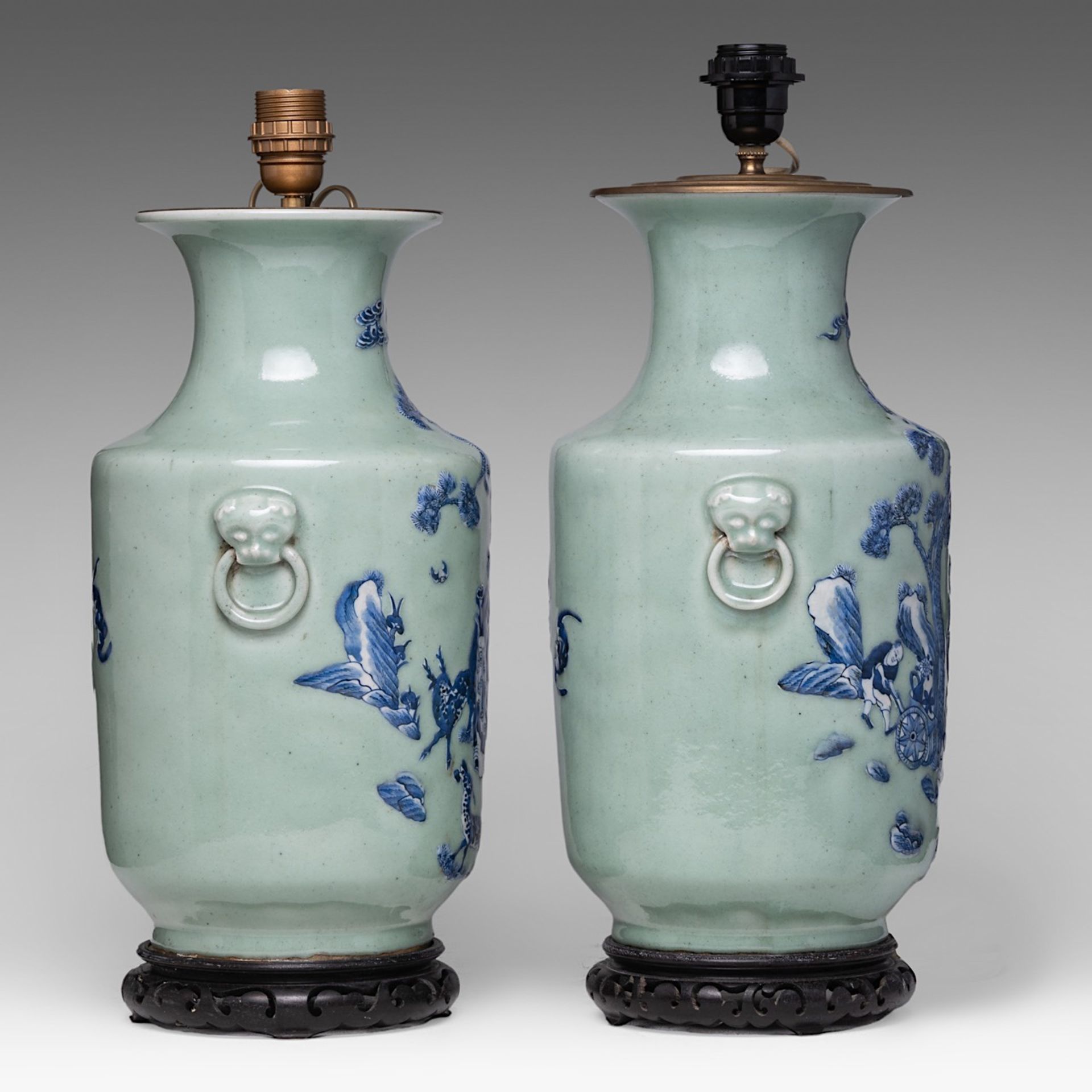 A pair of Chinese blue and white on celadon ground 'Immortal' vases, fixed with lamp mounts, total H - Image 4 of 5