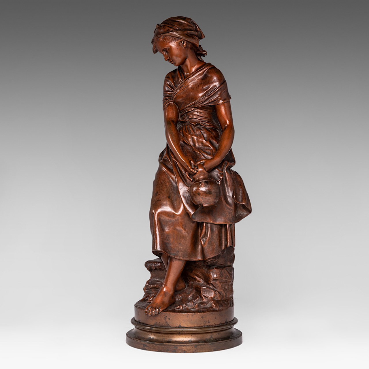 Mathurin Moreau (1822-1912), young girl with a jug, patinated bronze, foundry mark of E. Godeau, Par - Image 2 of 8