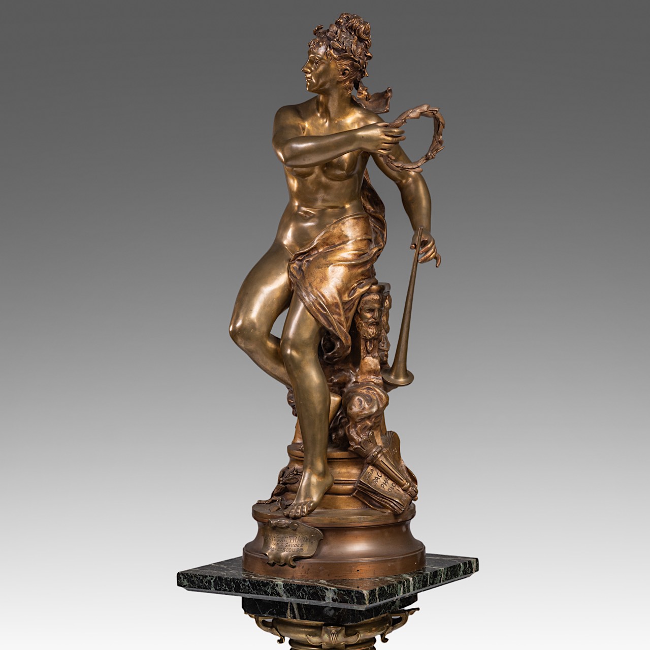 Adrien Etienne Gaudez (1845-1902), 'Gloire au travail', patinated bronze on a marble pedestal, H 169 - Image 4 of 18