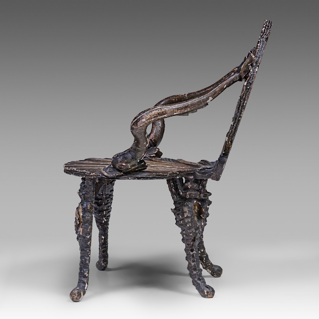 A Venetian 'Grotto' chair, patinated carved wood and stucco, 19thC, H total 84 cm - H seat 40,5 cm - - Image 4 of 8