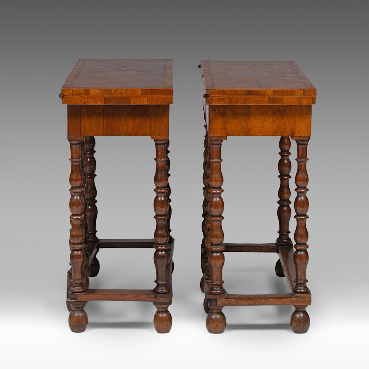 A pair of burlwood veneered walnut card tables, Dutch, 18thC, each H 78 cm - W 85 cm - D 33,5 cm (cl - Image 5 of 8