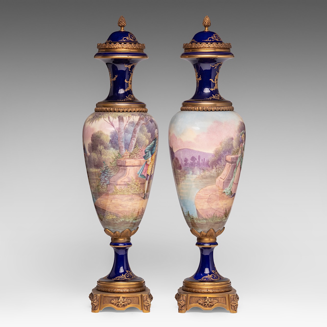 A pair of blue royale ground oblong Sevres type vases with hand-painted gallant scenes and gilt bron - Image 3 of 11