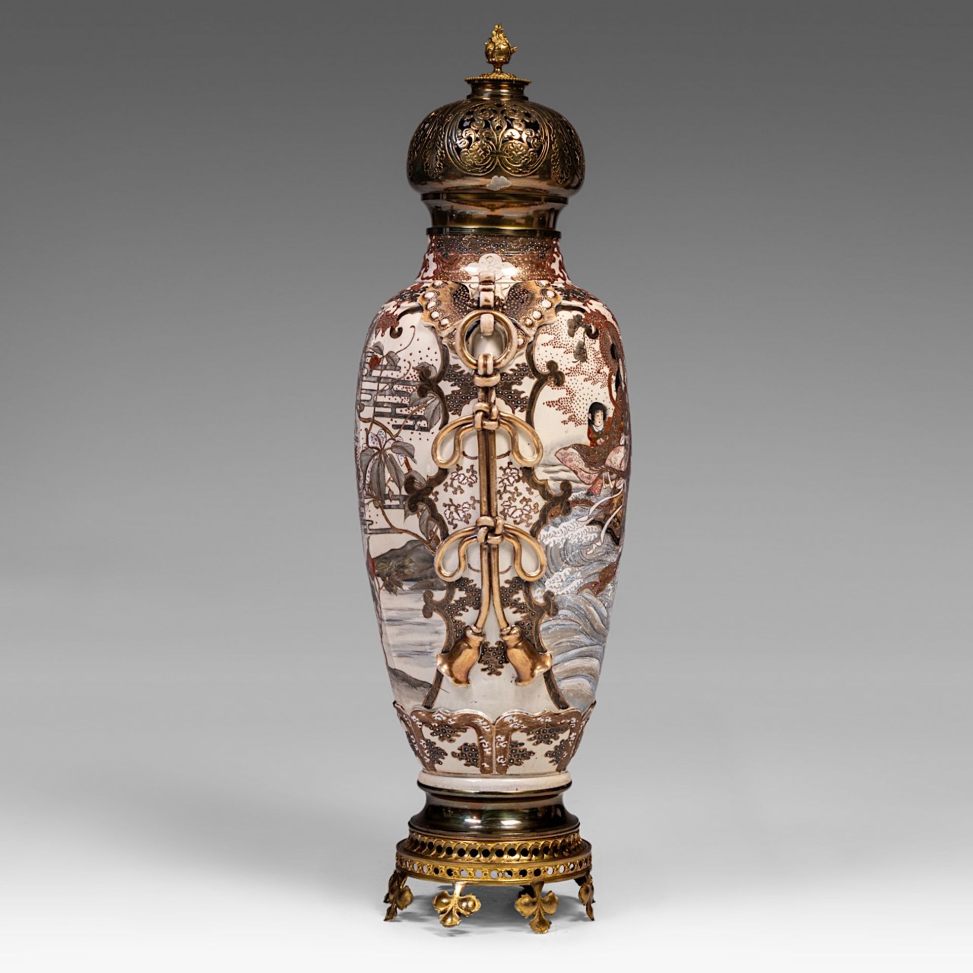 A large Japanese Satsuma vase with gilt bronze lid and base, late 19thC/20thC, total H 108 cm - Image 2 of 6