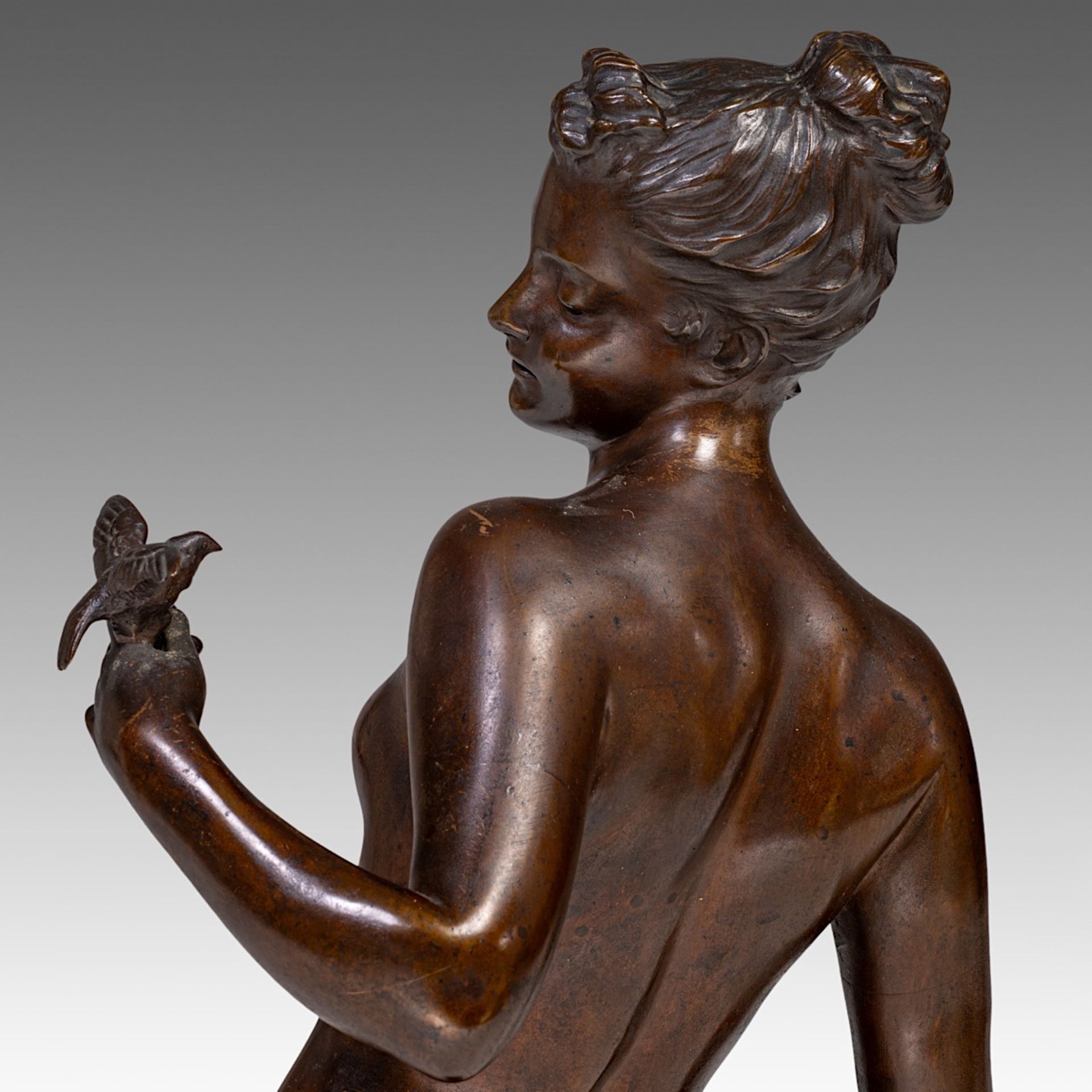 Signed 'Telemaque', Venus with bird, patinated bronze, H 75 cm - Image 9 of 10