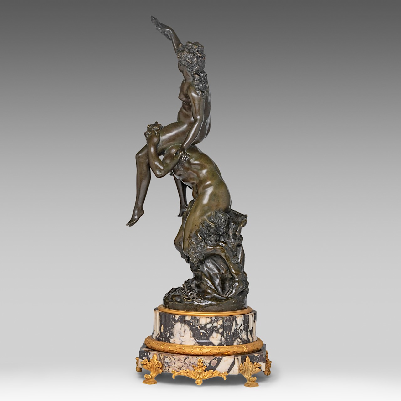 Clodion (1738-1814), Satyr and Nymph, patinated bronze on a marble base with gilt bronze mounts, H 6 - Image 3 of 8