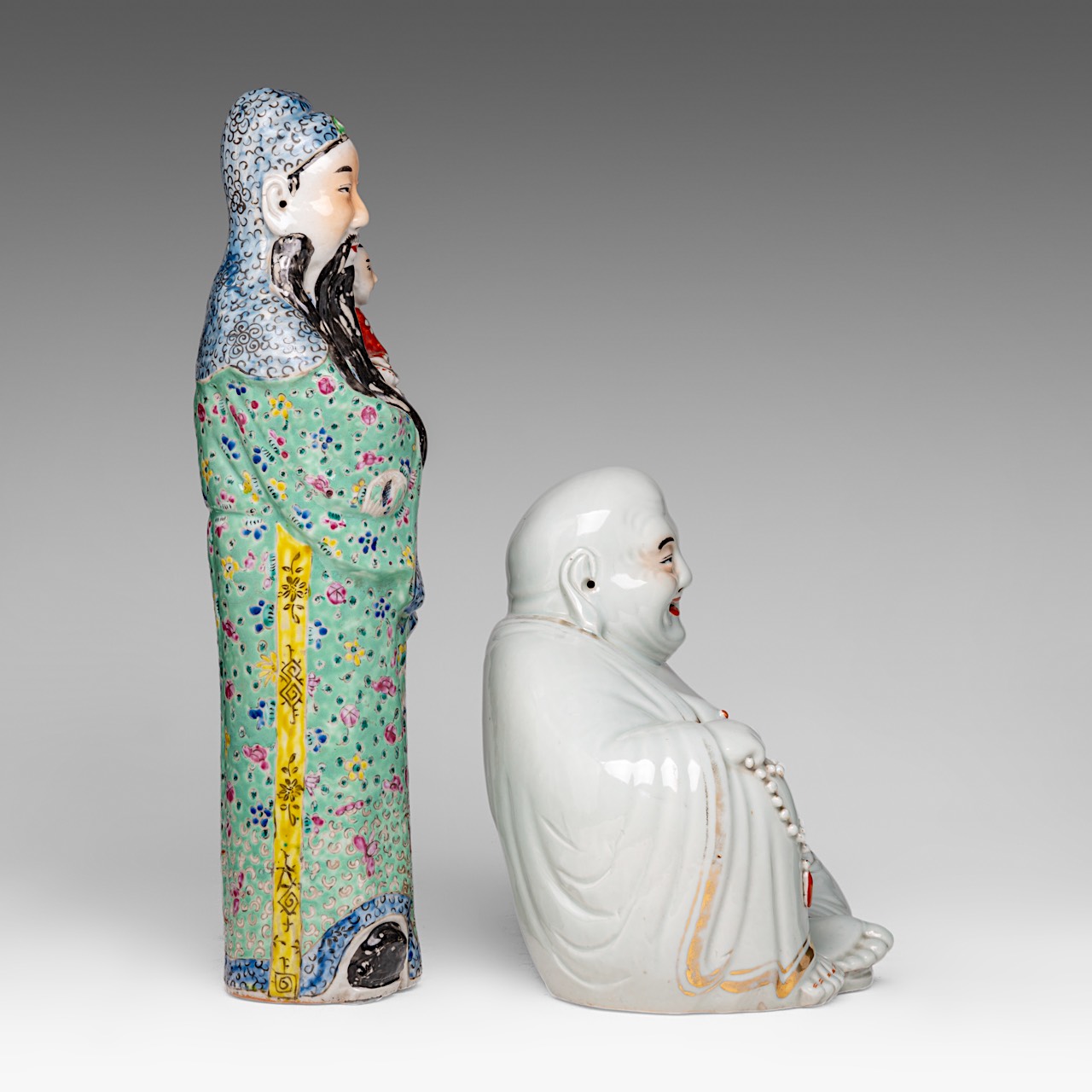 A Chinese famille rose enamelled biscuit figure of a smiling Budai and Fu Xing, one with an impresse - Image 5 of 14