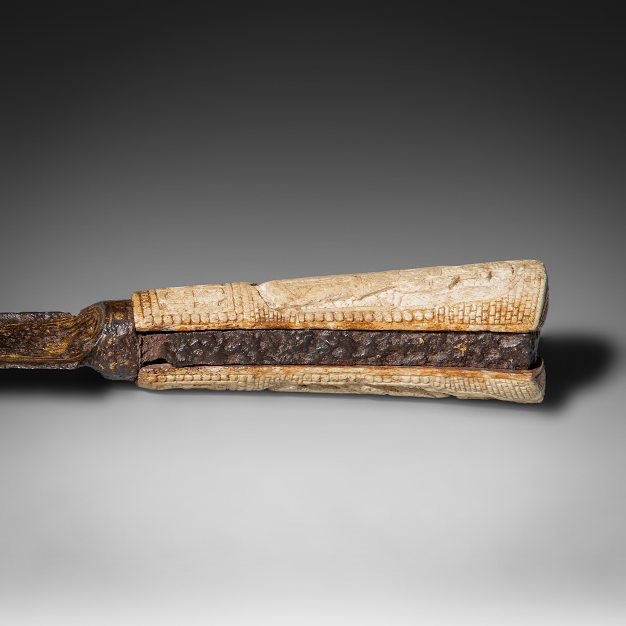 A rare, probably Byzantine dagger with a relief-cut bone handle, 12th/13thC, total L 36 cm - Image 9 of 10