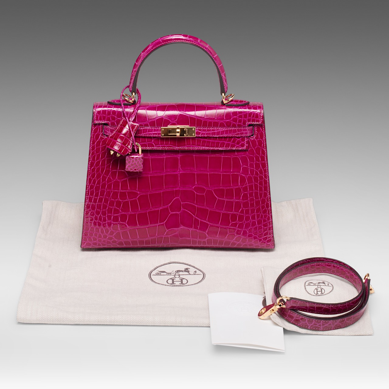 PREMIUM LOT - HERMES, Kelly Sellier 25 bag, Rose Pourpre Alligator Mississippiensi Lisse, with gilt - Image 8 of 12