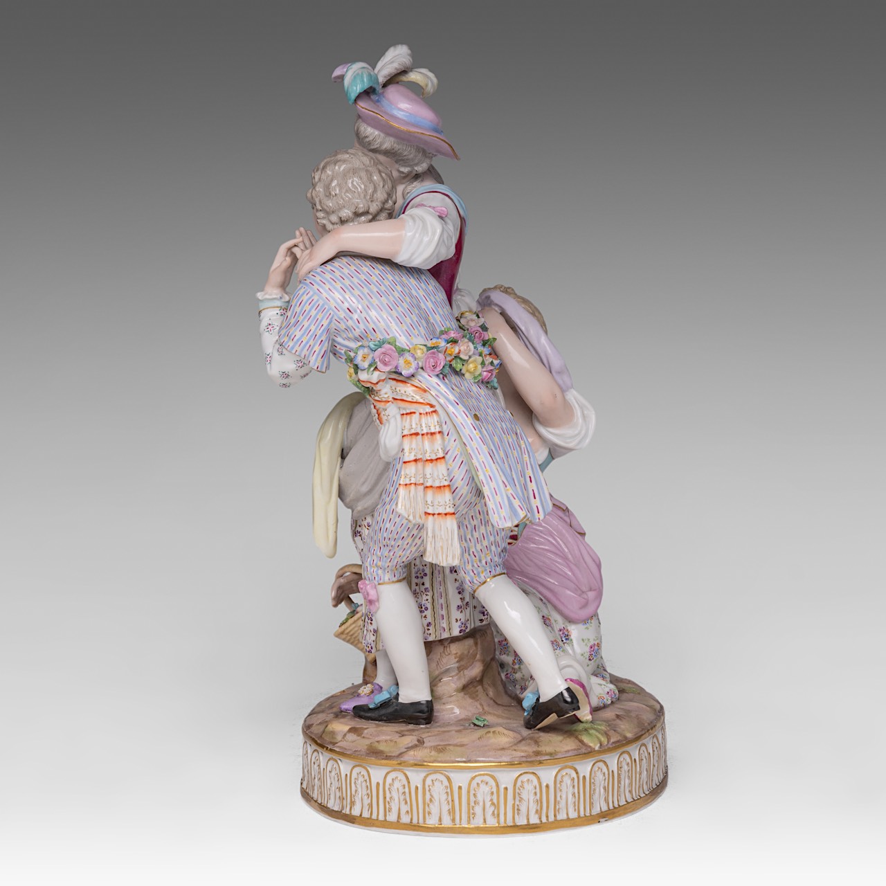 A polychrome Meissen porcelain group with a gallant scene, H 32 cm - Image 3 of 9