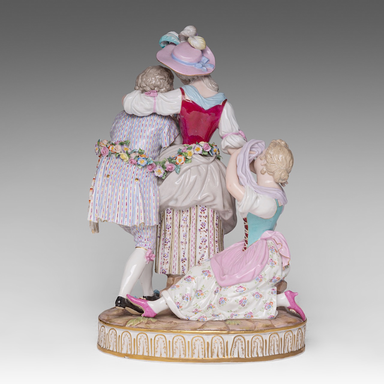 A polychrome Meissen porcelain group with a gallant scene, H 32 cm - Image 5 of 9