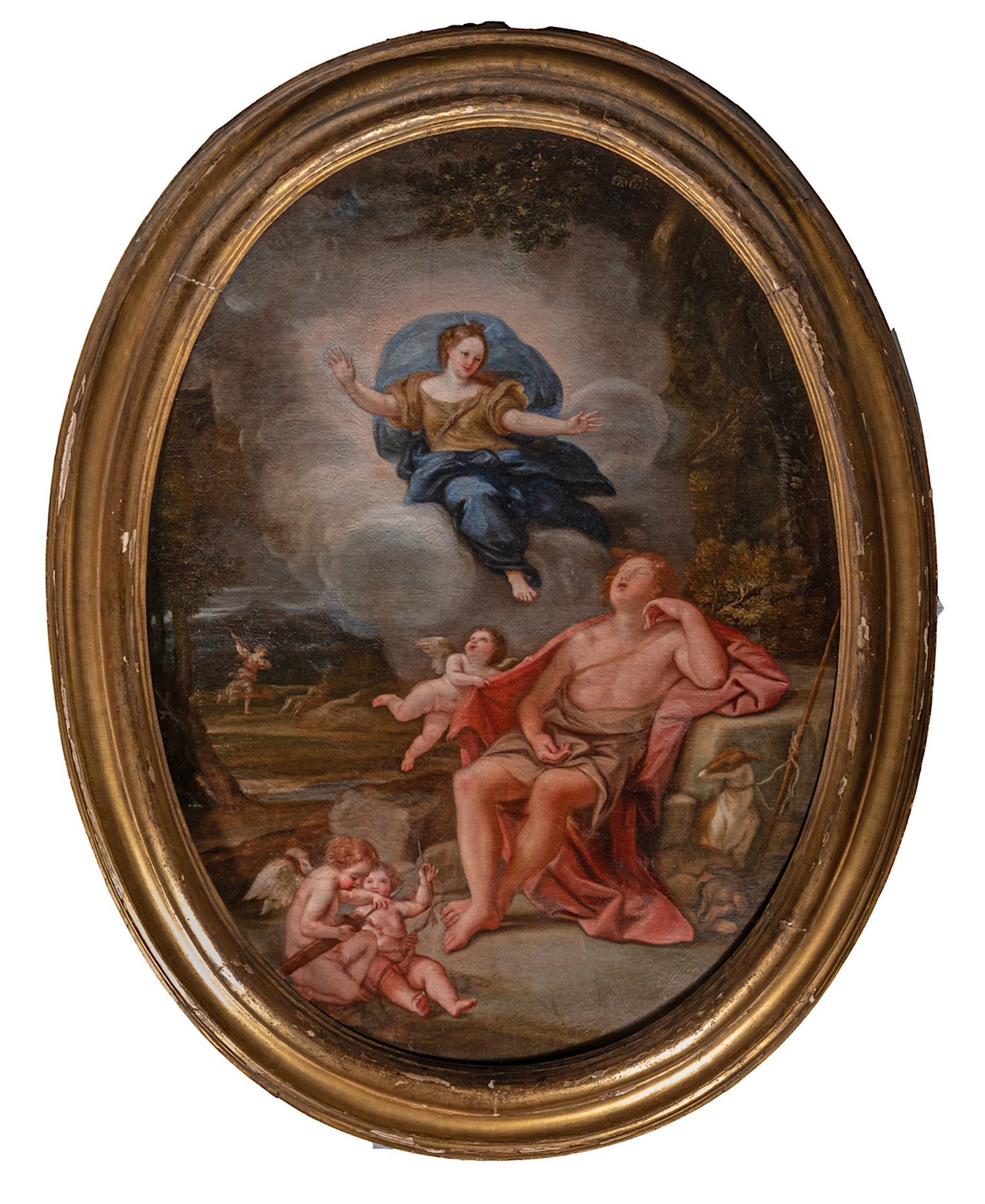 No visible signature, 'Diana and Endymion', 18thC, oil on canvas 120 x 90 cm. (47.2 x 35.4 in.), Fra - Image 2 of 7