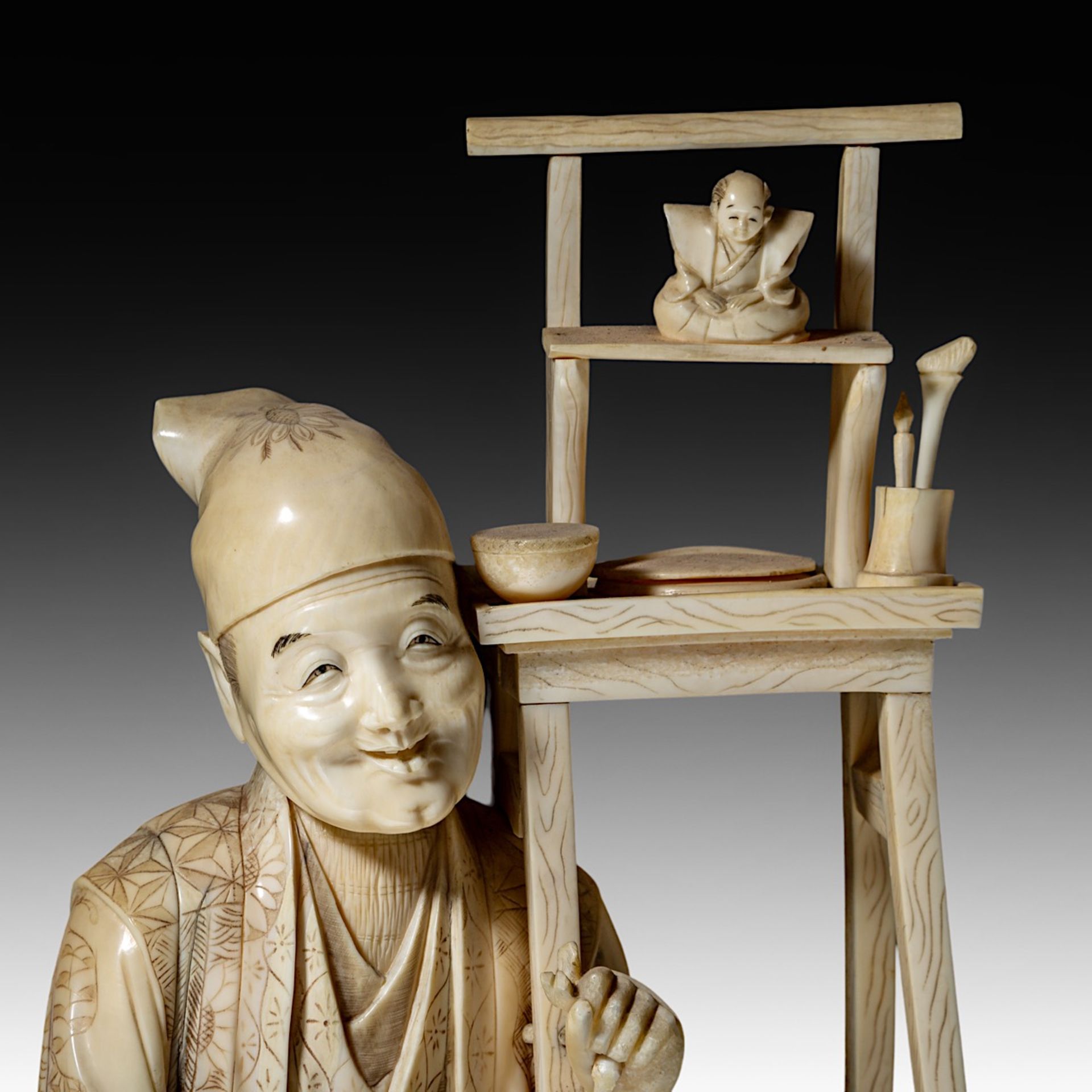 A large Japanese walrus ivory okimono of an artisan with his son, Meiji period (1868-1912), H 46,5 - - Image 12 of 13