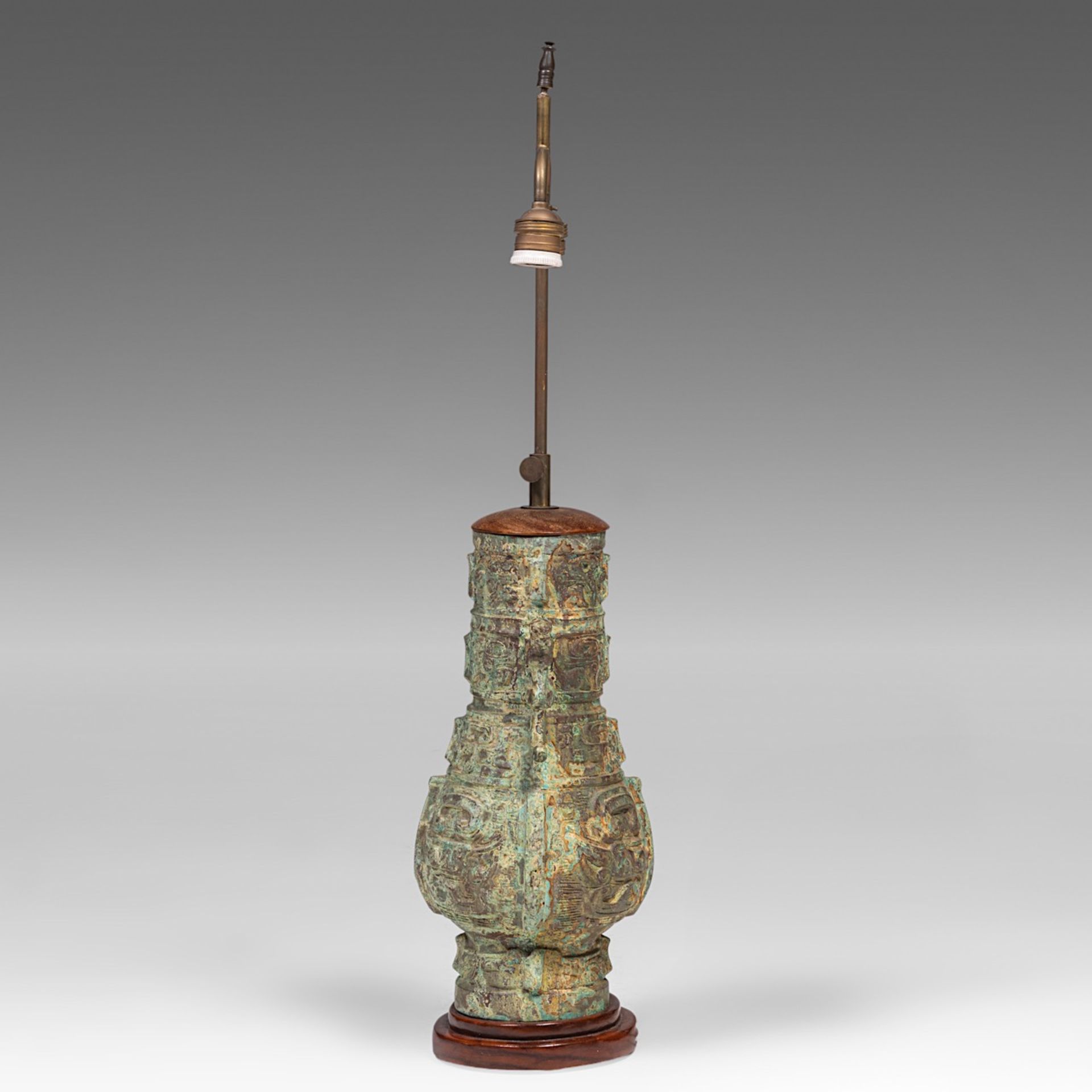 A Chinese archaistic bronze vase, fixed with lamp mounts, total H 75 cm - Image 2 of 4