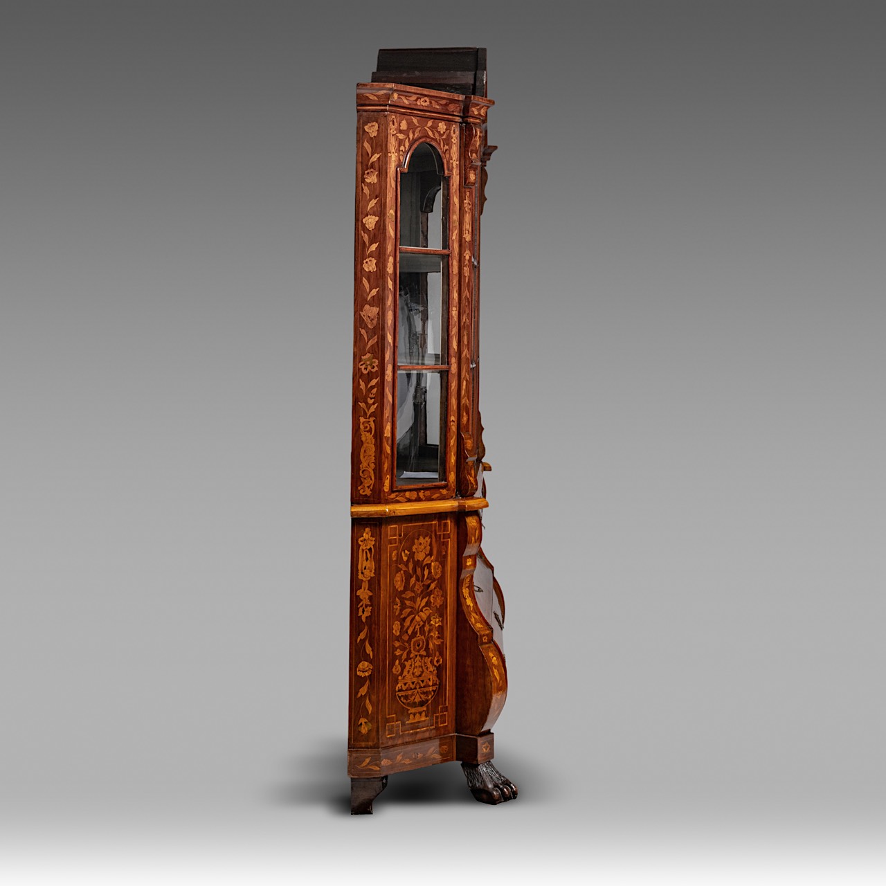 A Dutch floral marquetry display cabinet, 18thC, H 209 cm - W 184 cm - D 43 cm - Image 4 of 5