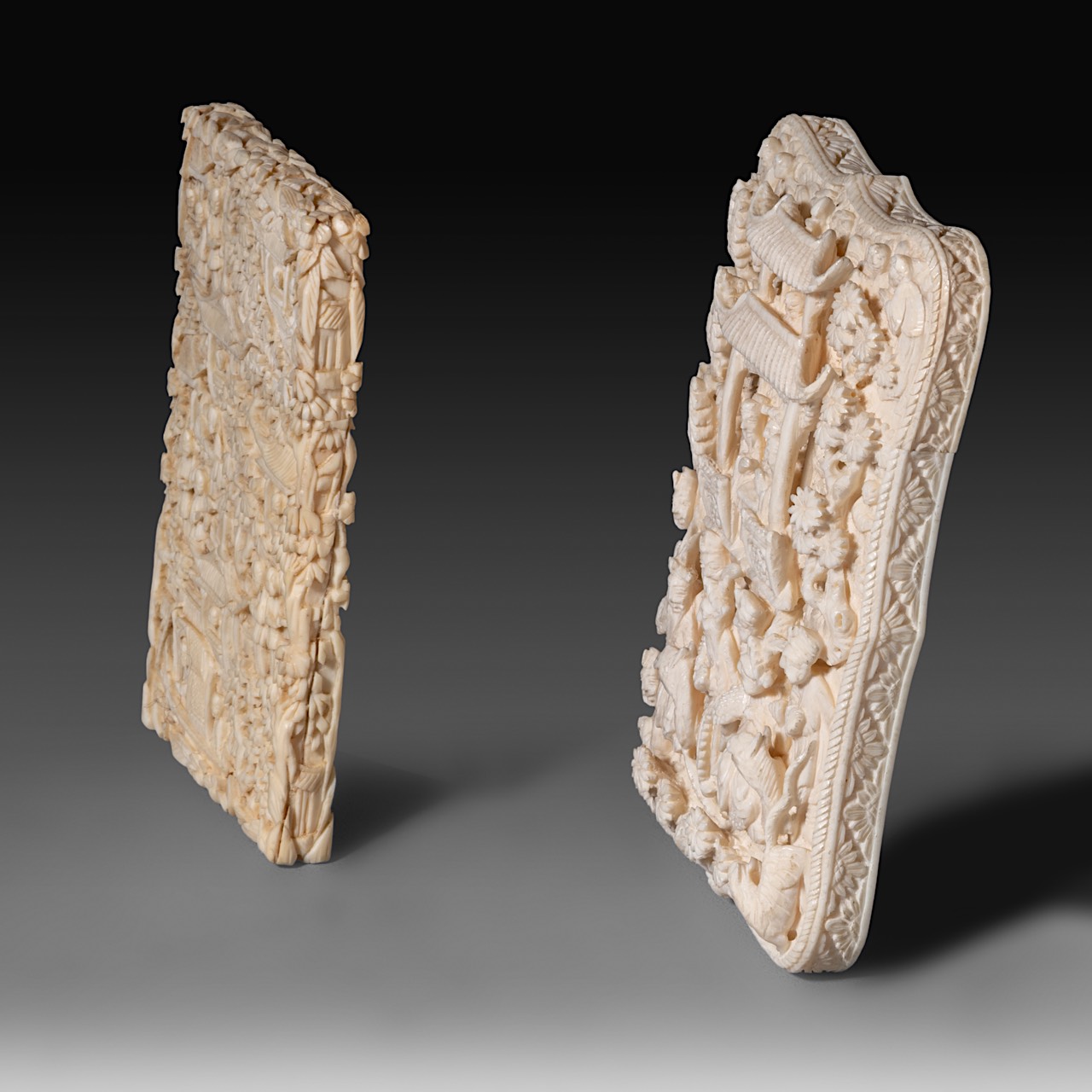 Two Chinese late 19th - early 20th century relief cut ivory calling card cases (+) - Image 4 of 5