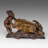Auguste Moreau (1834-1917), two children playing with a chariot, patinated bronze plant stand, H 28