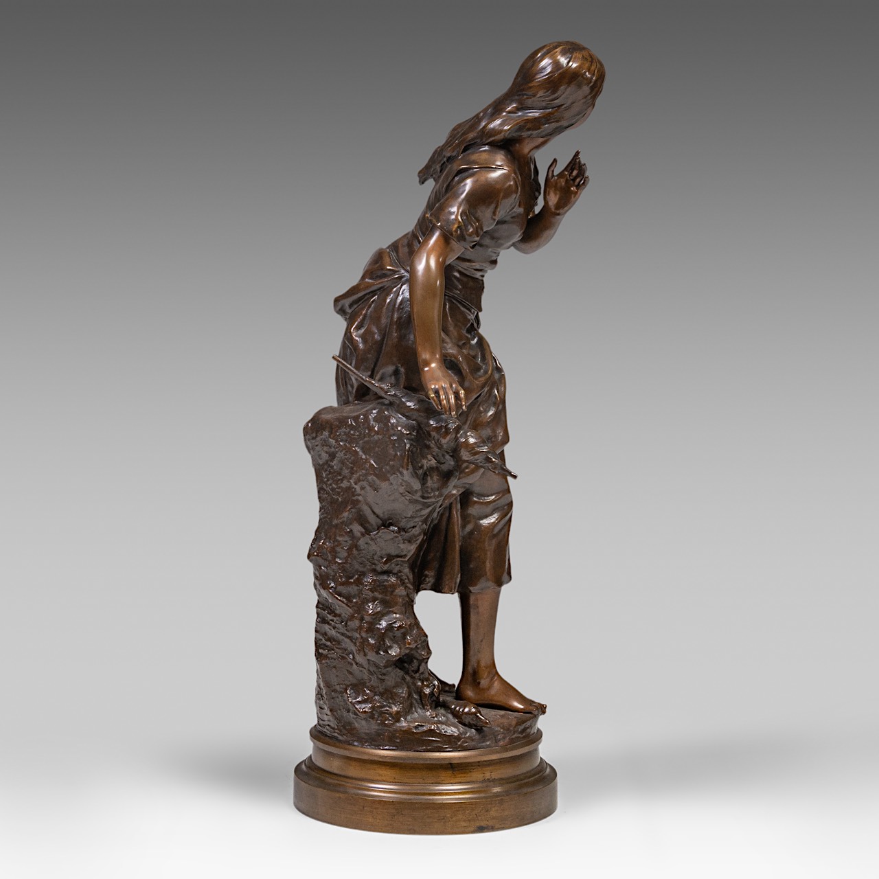 Mathurin Moreau (1822-1912), the spinner, patinated bronze, Hors Concours, H 89 cm - Image 5 of 8